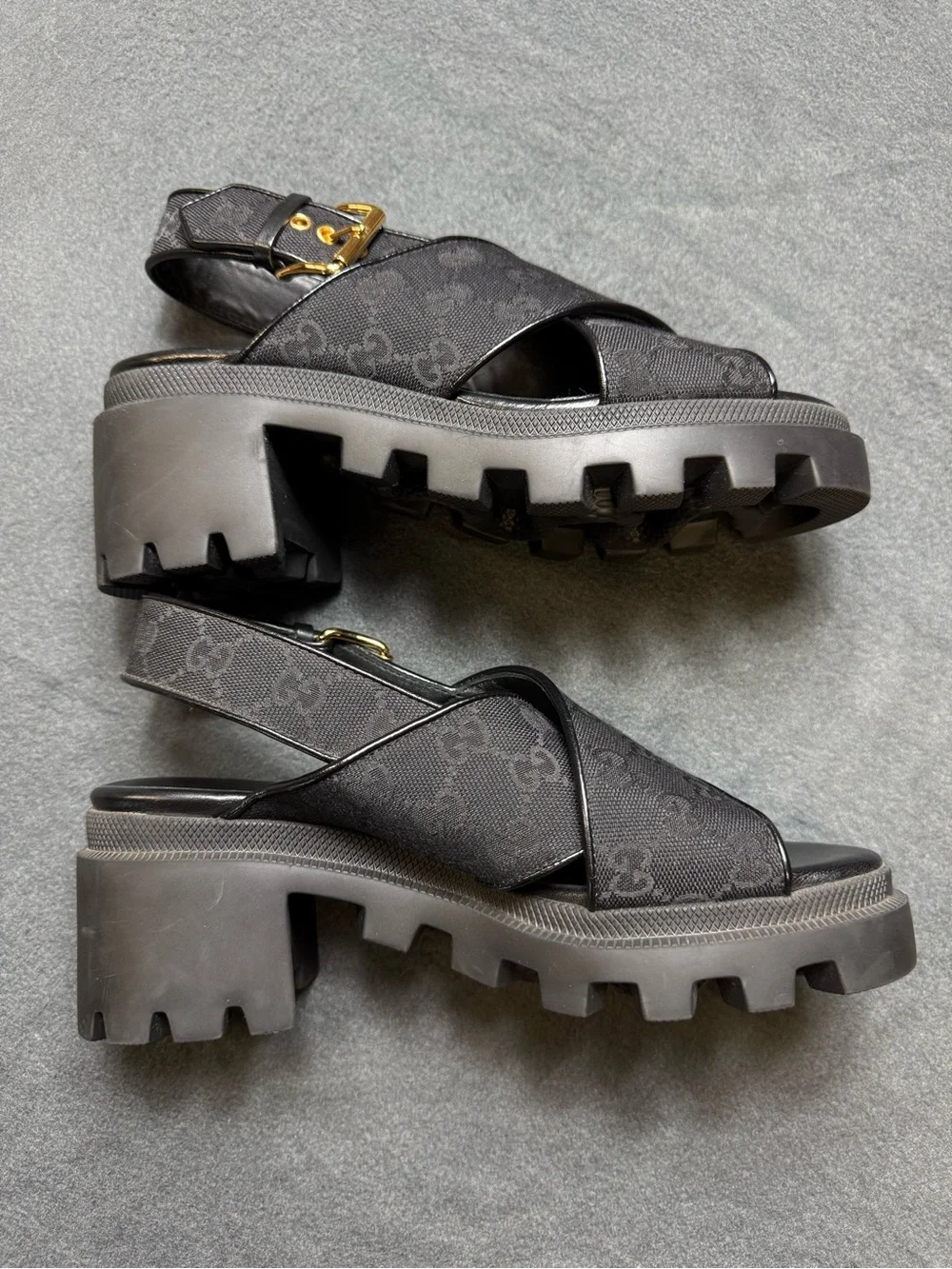 Gucci Black Platform Chunky Sandals with Gold Buckle